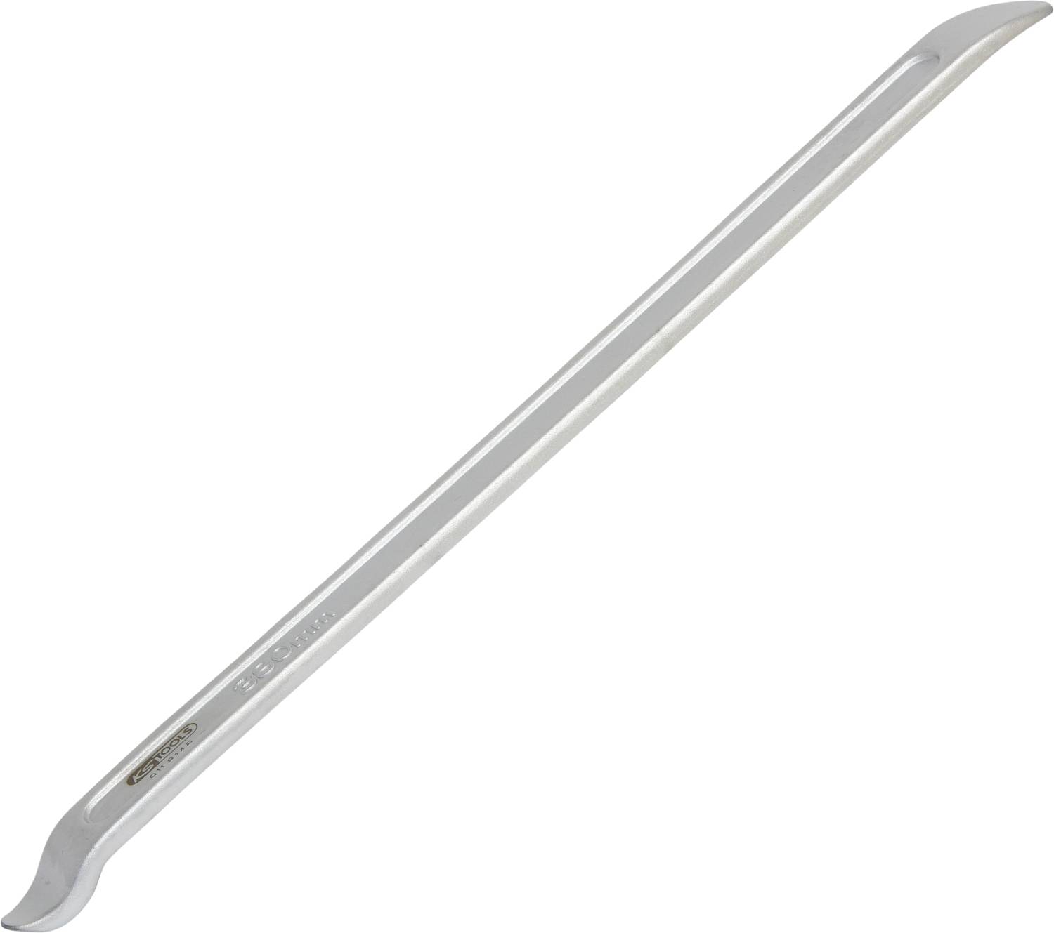 Een zilverkleurige bandenmontagehefboom met gebogen uiteinden, geschikt voor het verwijderen of installeren van banden op velgen.
