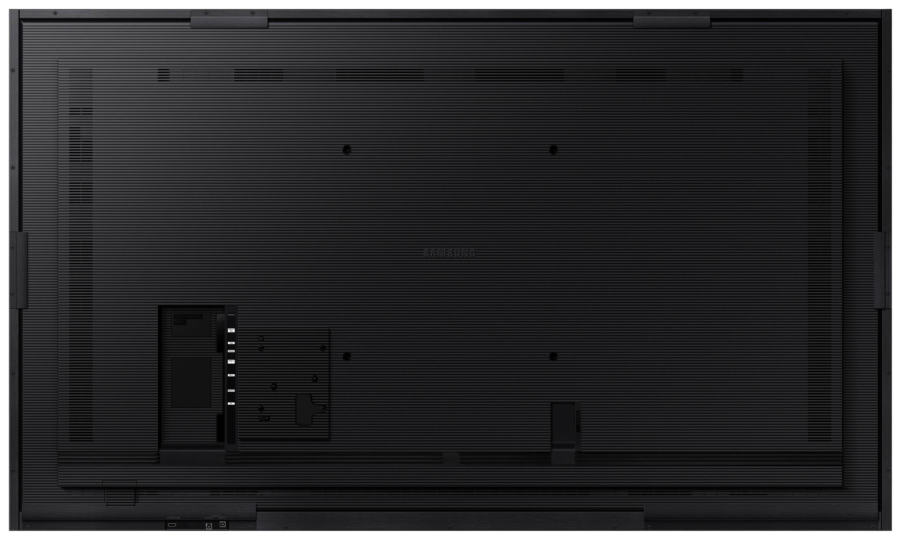 Achterkant van een zwarte flatscreen. Aansluitingen en montageOpties zijn zichtbaar aan de linkerkant.