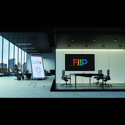 Een modern kantoor met twee bureaus en stoelen. Op een scherm staat 'FliP' in kleurrijke letters. Een display toont 'Let's'.