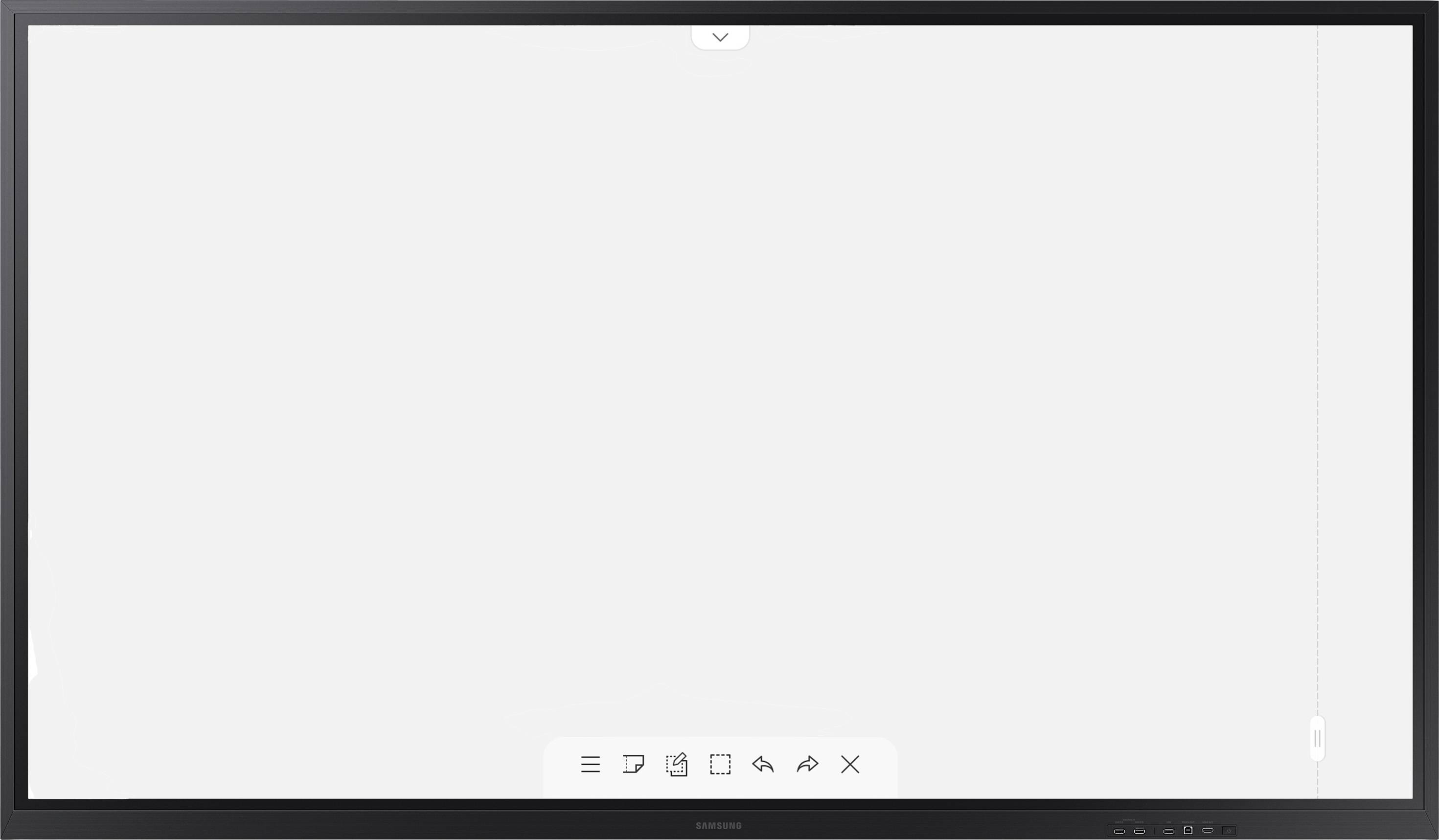 Een leeg digitaal schoolbord met een grijze achtergrond, omgeven door een zwarte rand, met een bedieningsmenubalk onderaan.