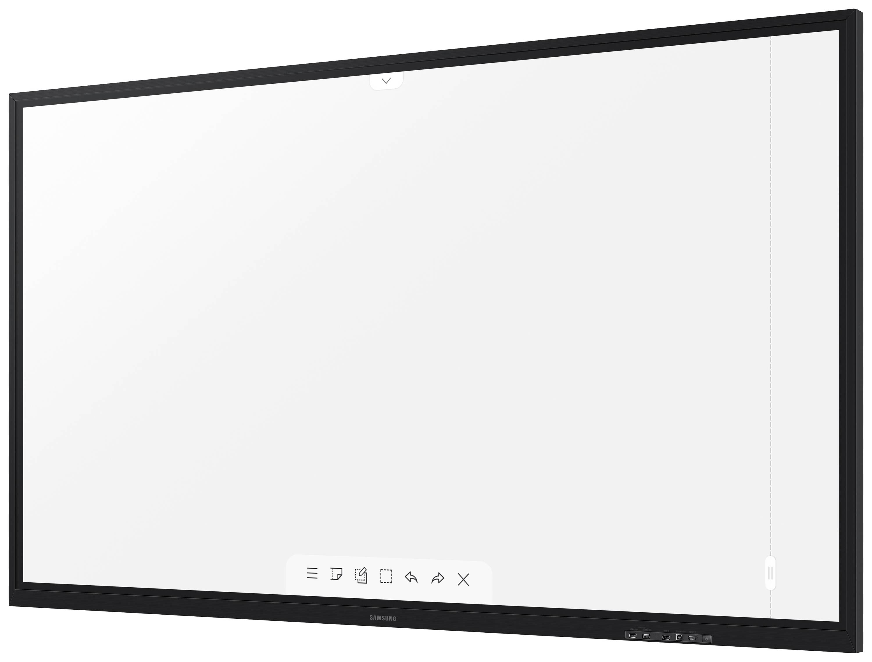 Een interactief whiteboard met een zwarte rand toont verschillende bedieningssymbolen onderaan het scherm.