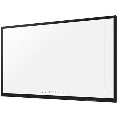 Een interactief whiteboard met een zwarte rand toont verschillende bedieningssymbolen onderaan het scherm.