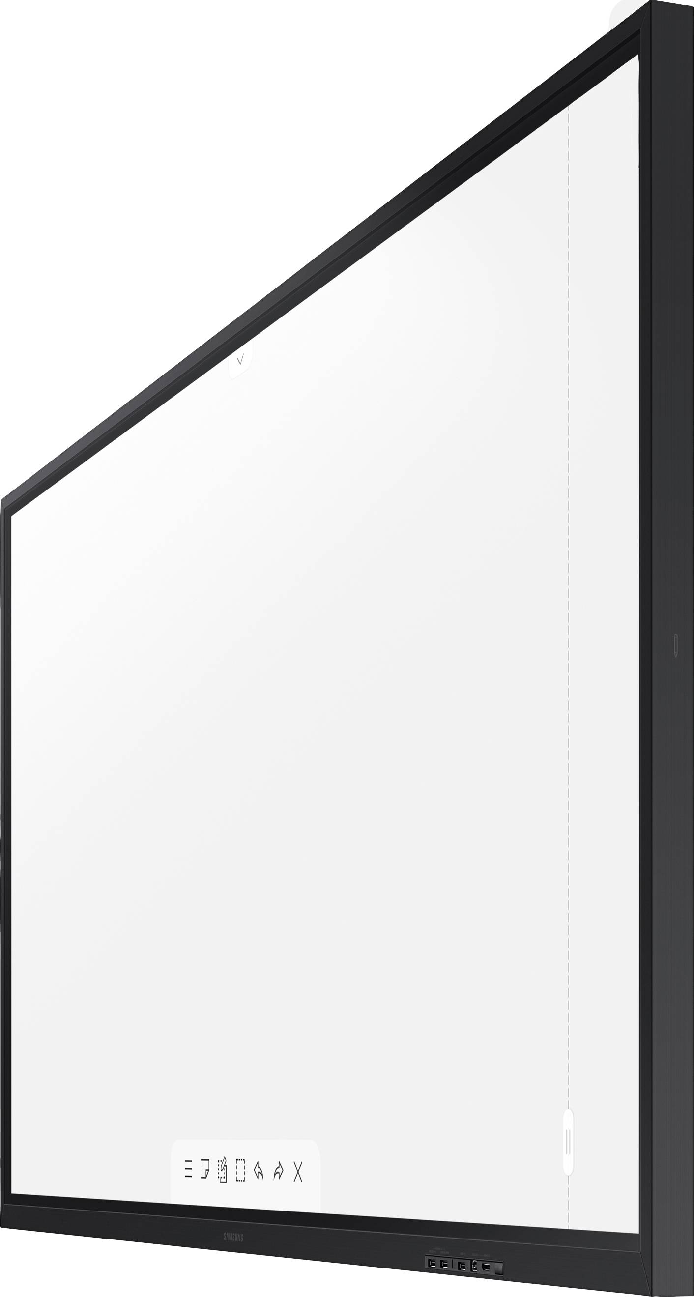 Interactief whiteboard met zwarte rand, weergegeven in zijaanzicht; geschikt voor presentaties in school- of vergaderzalen.