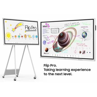 Flipchart met interactief display toont een zonnestelsel en Saturn in gedetailleerd beeld. Tekst: 'Flip Pro. De leerervaring naar een hoger niveau tillen.'