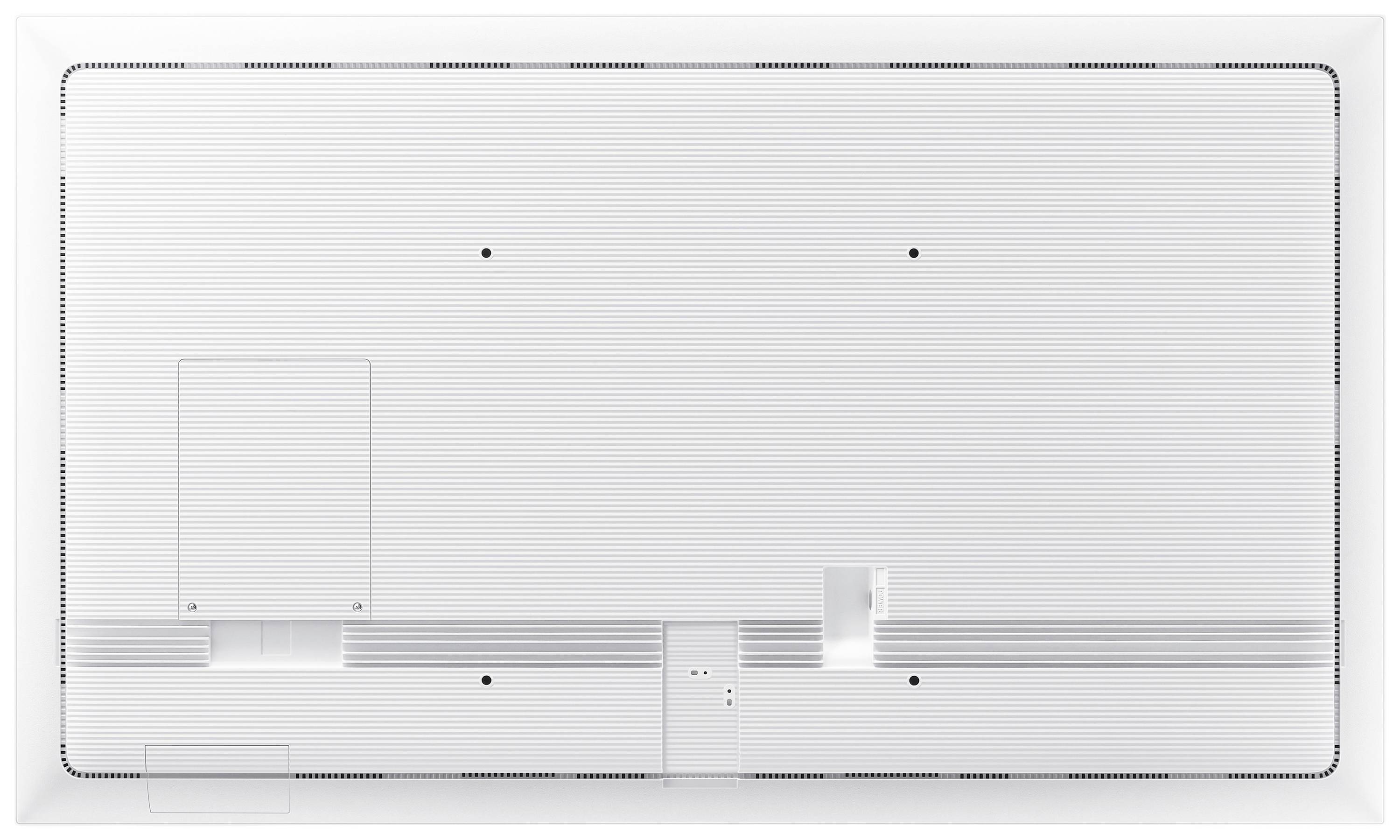 Achterkant van een wit elektronisch apparaat met ventilatiesleuven en aansluitopeningen. Geen verdere details zichtbaar.
