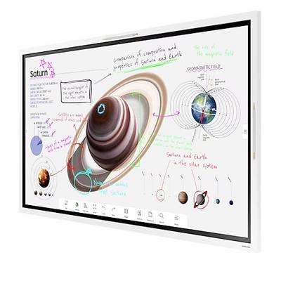 Interactief whiteboard toont diagrammen en aantekeningen over Saturnus. Het vergelijkt eigenschappen van Saturnus en Aarde, inclusief magnetisch veld.