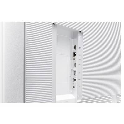Achterkant van een televisie met zichtbare aansluitingen zoals HDMI, USB en LAN-poort. Behuizing in het wit met een gestructureerd oppervlak.