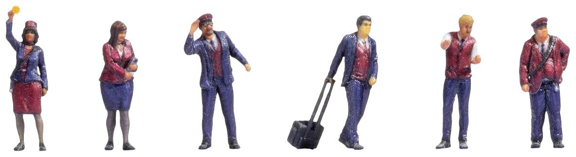 Zes miniatuurfiguren stellen het vliegend personeel voor: piloten en stewardessen in uniform, sommigen met een koffer, die salueren of gebarend communiceren.