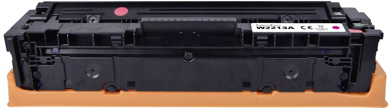 Zwarte tonercartridge voor een printer, met etiket 'W2030A CE', op een oranje basis, geschikt voor LaserJet-modellen.