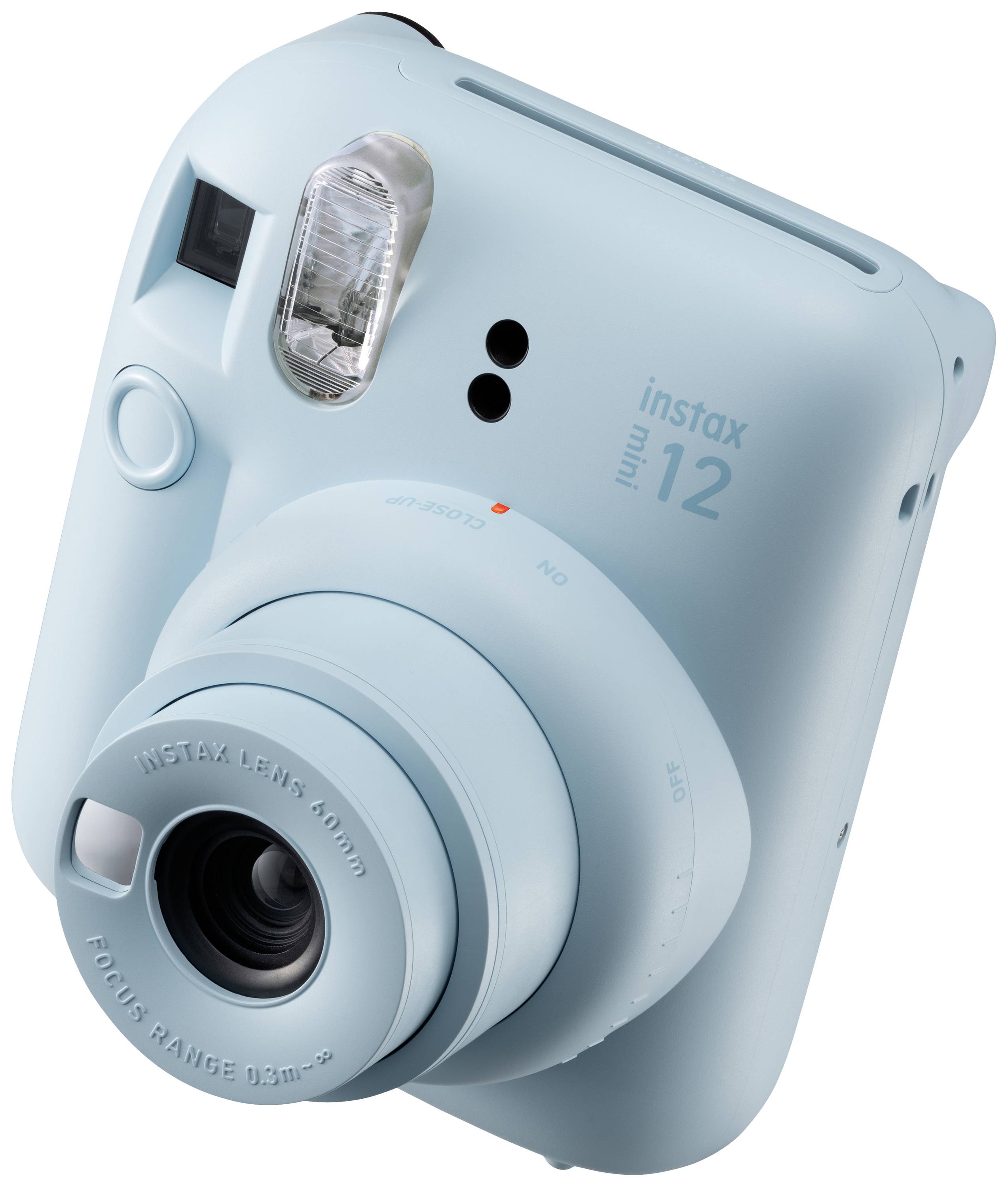 Een lichtblauwe instantcamera met flitser en lens, model 'instax mini 12'.
