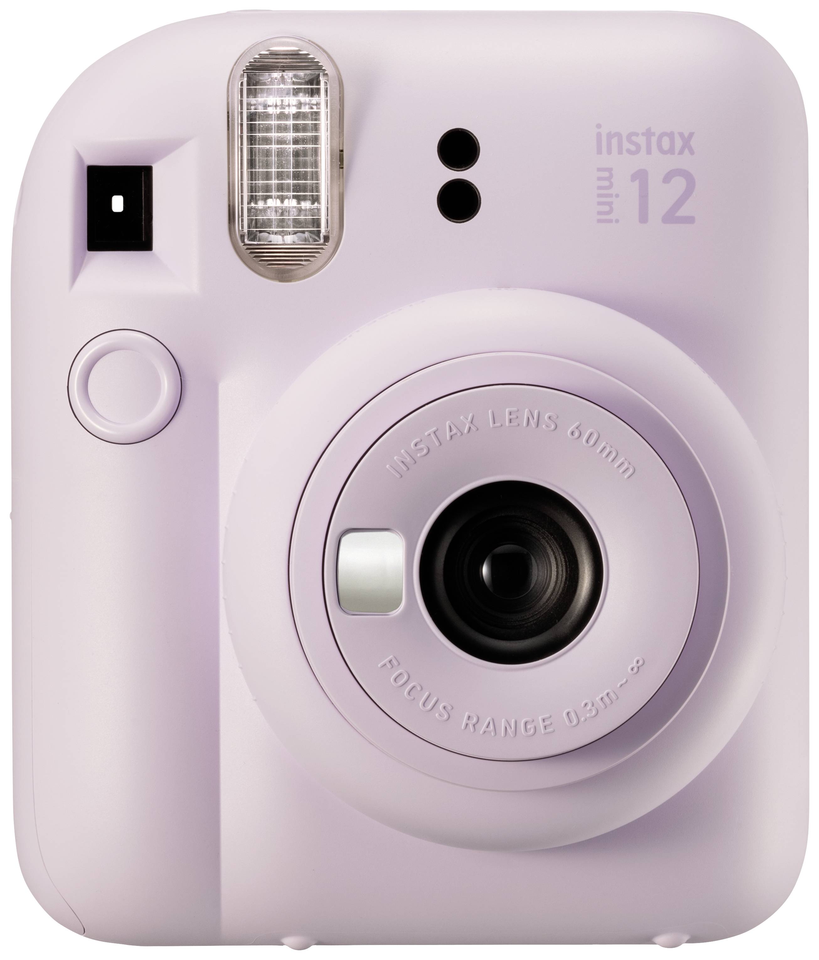 Een paarse instantcamera met de opdruk 'instax mini 12'.