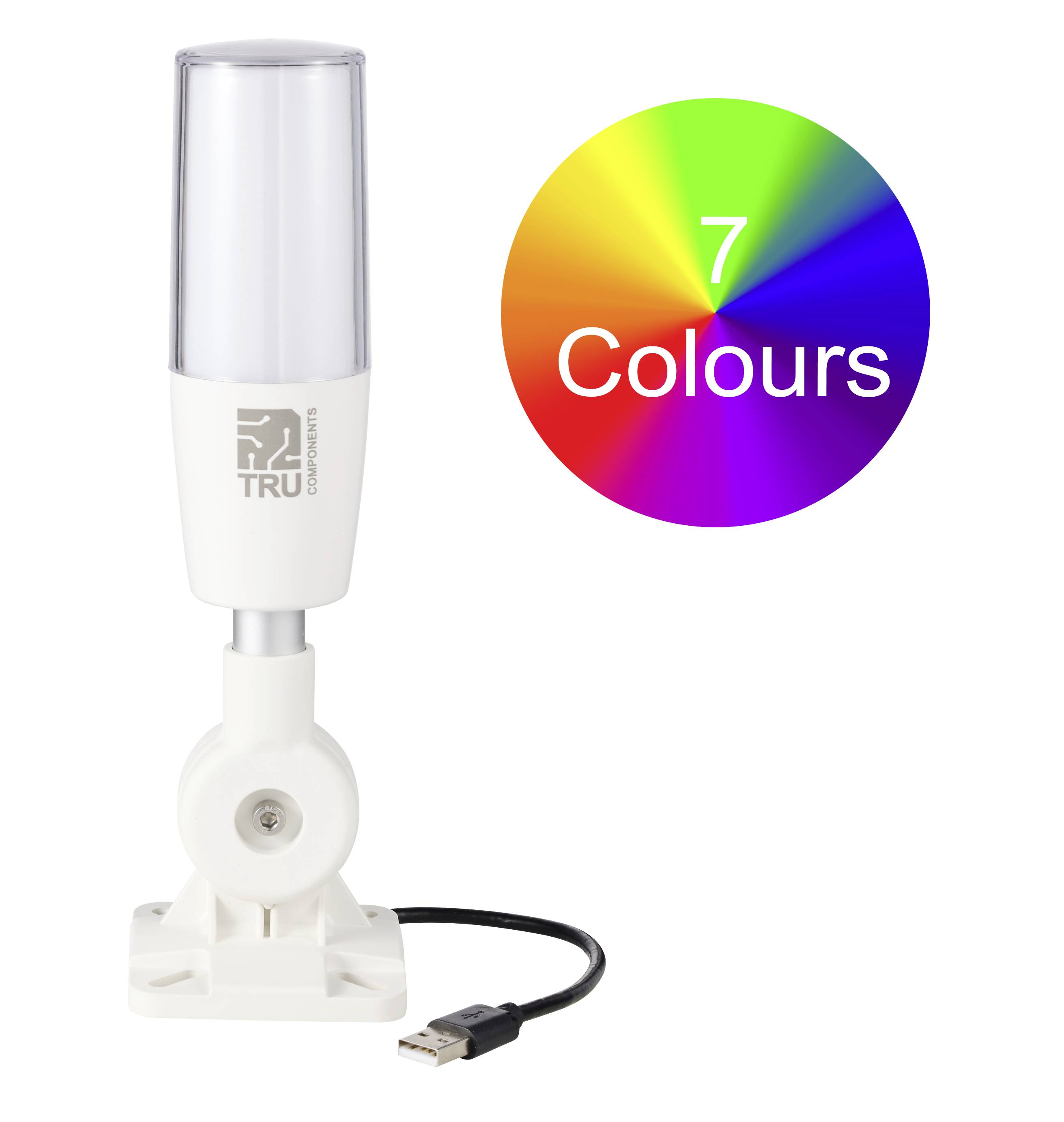 LED-lamp met USB-aansluiting, naast een cirkel met een regenboog-kleurenspectrum en de tekst '7 Kleuren'.