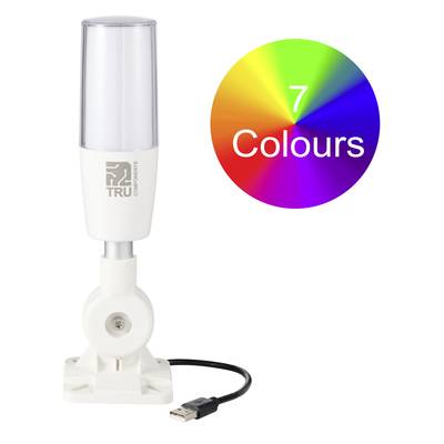 LED-lamp met USB-aansluiting, naast een cirkel met een regenboog-kleurenspectrum en de tekst '7 Kleuren'.
