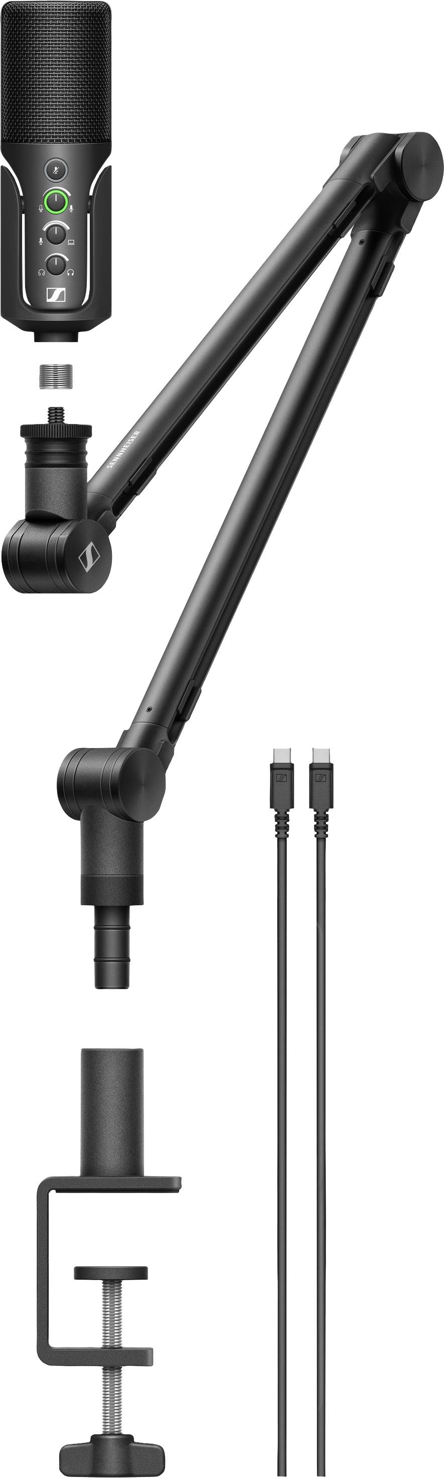 Microfoon met zwenkarmbevestiging en twee kabels, geschikt voor opnames of streaming.