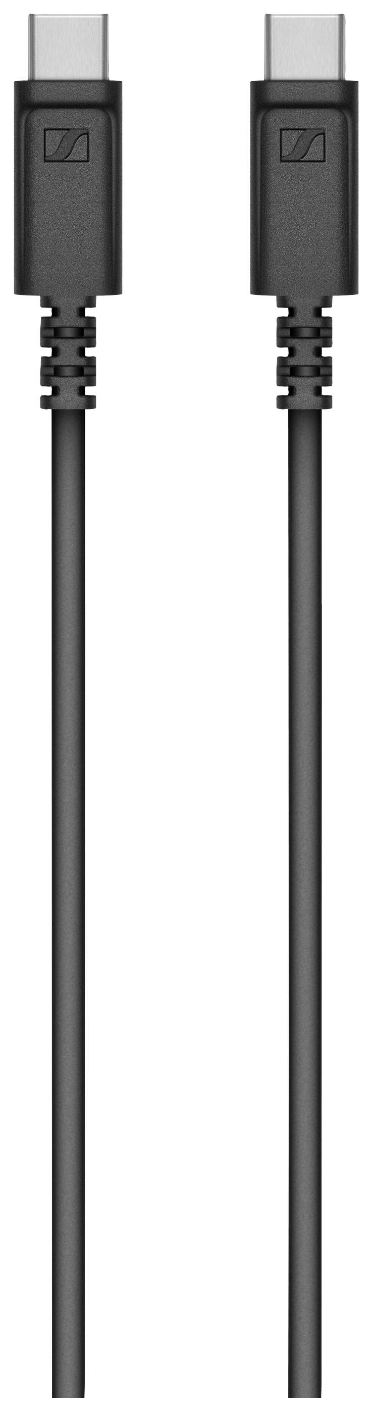 Een zwart-grijs USB-C-kabel met aansluitingen aan beide uiteinden, bestemd voor het verbinden van apparaten met een USB-C-poort.