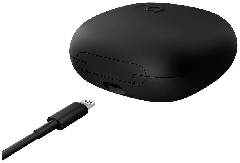 Zwarte, ronde laadcase met Lightning-aansluitkabel. Ontworpen voor het opbergen en opladen van koptelefoons.