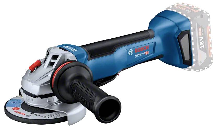 'Bosch Professional haakse slijper met ergonomische handgreep en schijfaansluiting, voorzien van een 18V snoerloze systeem met accuvak.'
