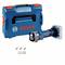 Bosch accu-multifunctioneel gereedschap in een blaue behuizing met toebehoren, inclusief boren, gepresenteerd voor een Bosch gereedschapskist.