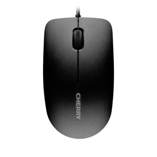 Zwarte computermuismet kabel; 'CHERRY' opschrift zichtbaar. Bovenkant toont scrollwiel en linker- en rechterknop.