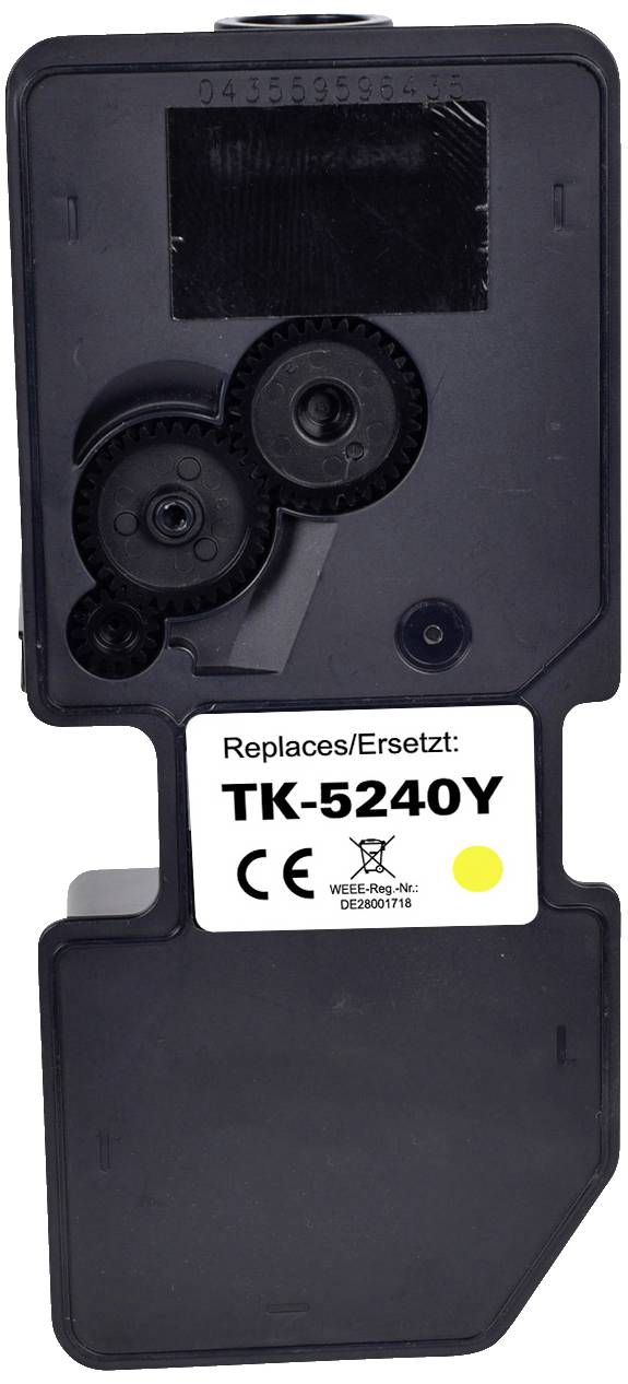 Zwarte tonercartridge met opschrift 'Replaces/Ersetzt: TK-5240Y CE'. Geschikt voor printers, vervanging voor gele toner.