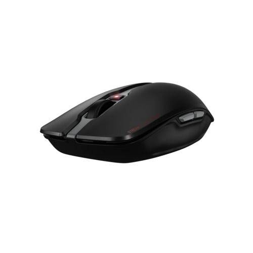 Draadloze zwarte computermuis met middelste toets en scrollwiel, zijdelingse duimtoets, geschikt voor precisiewerk en gaming.