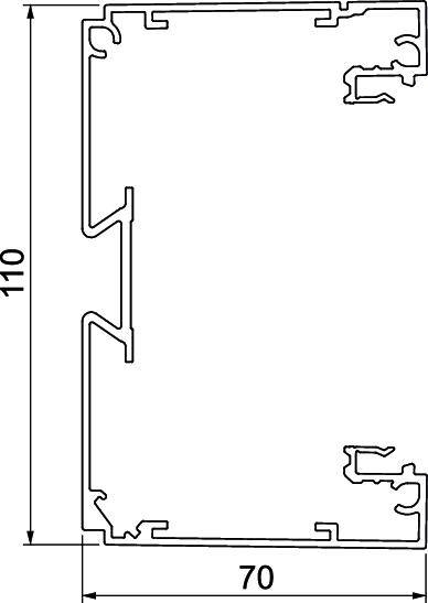 Doorsnede van een aluminiumprofiel met verticale en horizontale afmetingen: 110 mm hoogte en 70 mm breedte.