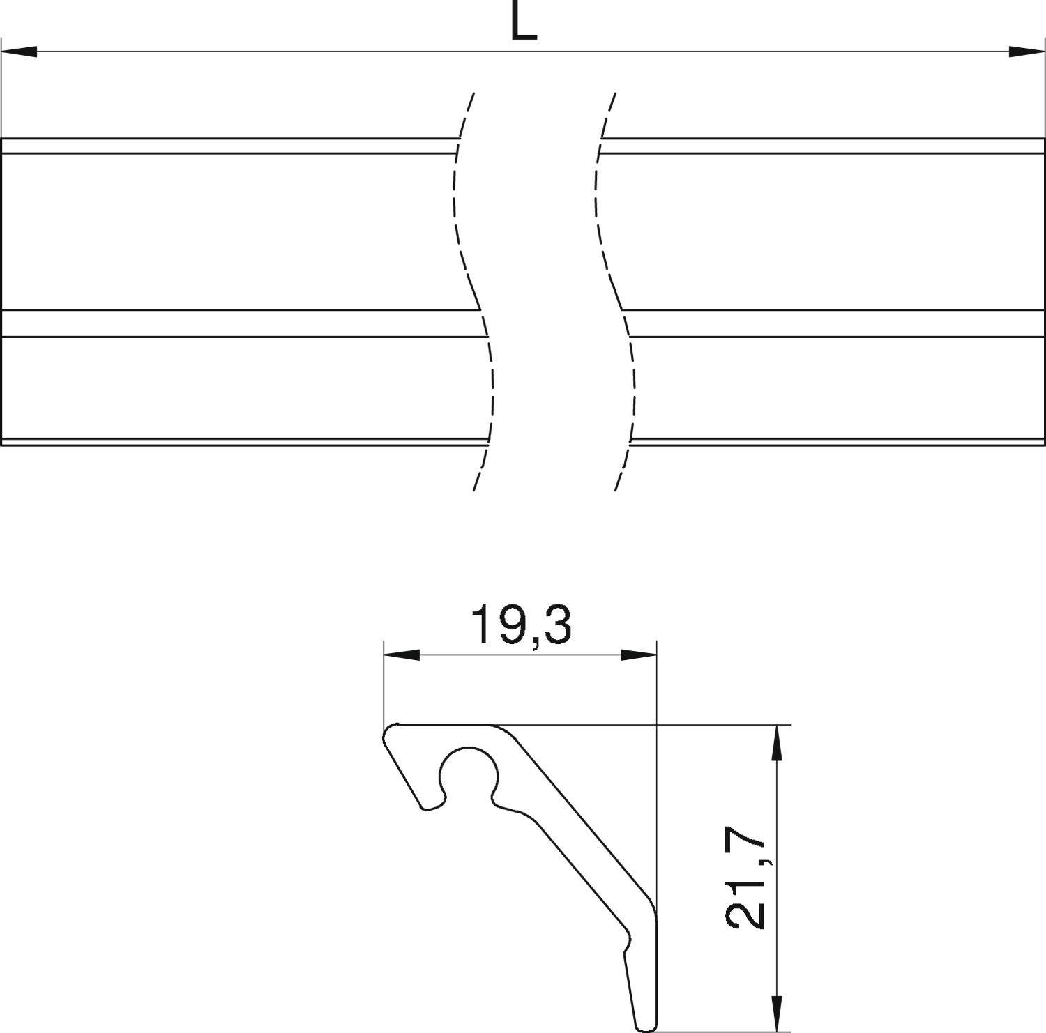 Technische tekening van een profielcoupe met afmetingen van 19,3 mm breedte en 21,7 mm hoogte. Bovenaan toont een langwerpige doorsnede de maat 'L'.