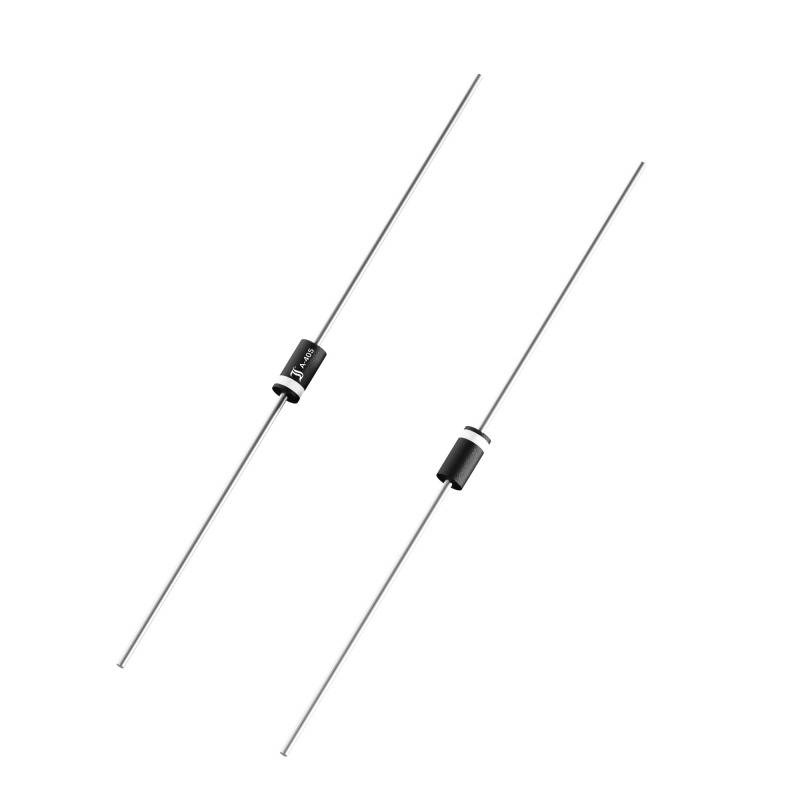 Twee zwarte cilindervormige diodes met lange metalen aansluitingen die parallel aan elkaar liggen.
