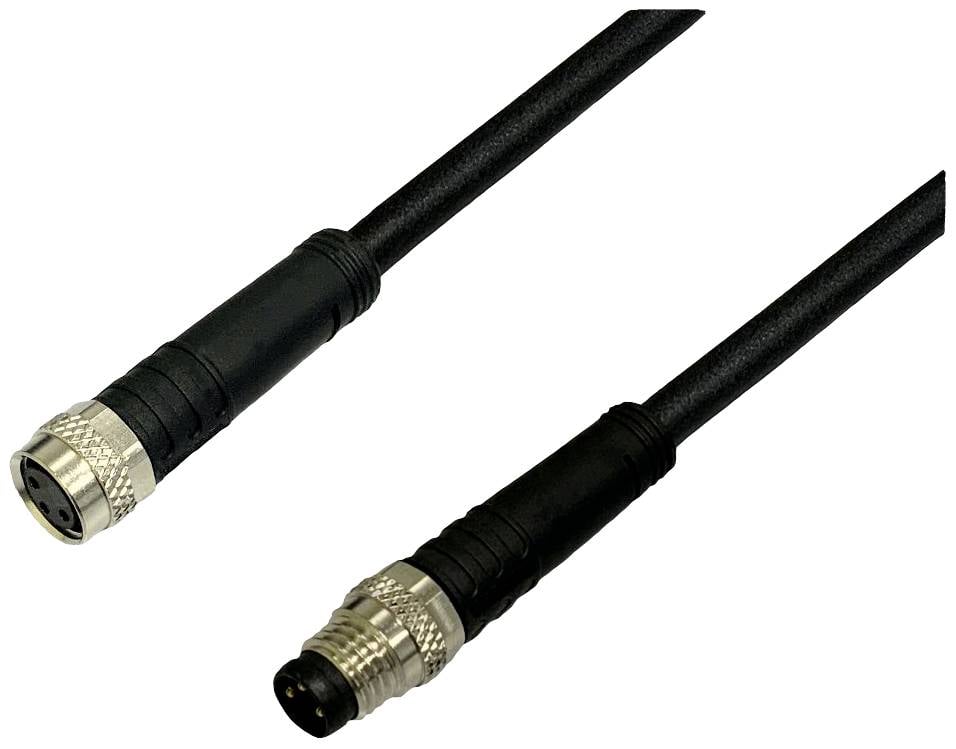 Een M8-verbindingskabel met twee verschillende uiteinden: een bus en een stekker. Deze kabel wordt veel gebruikt in automatiseringssystemen.