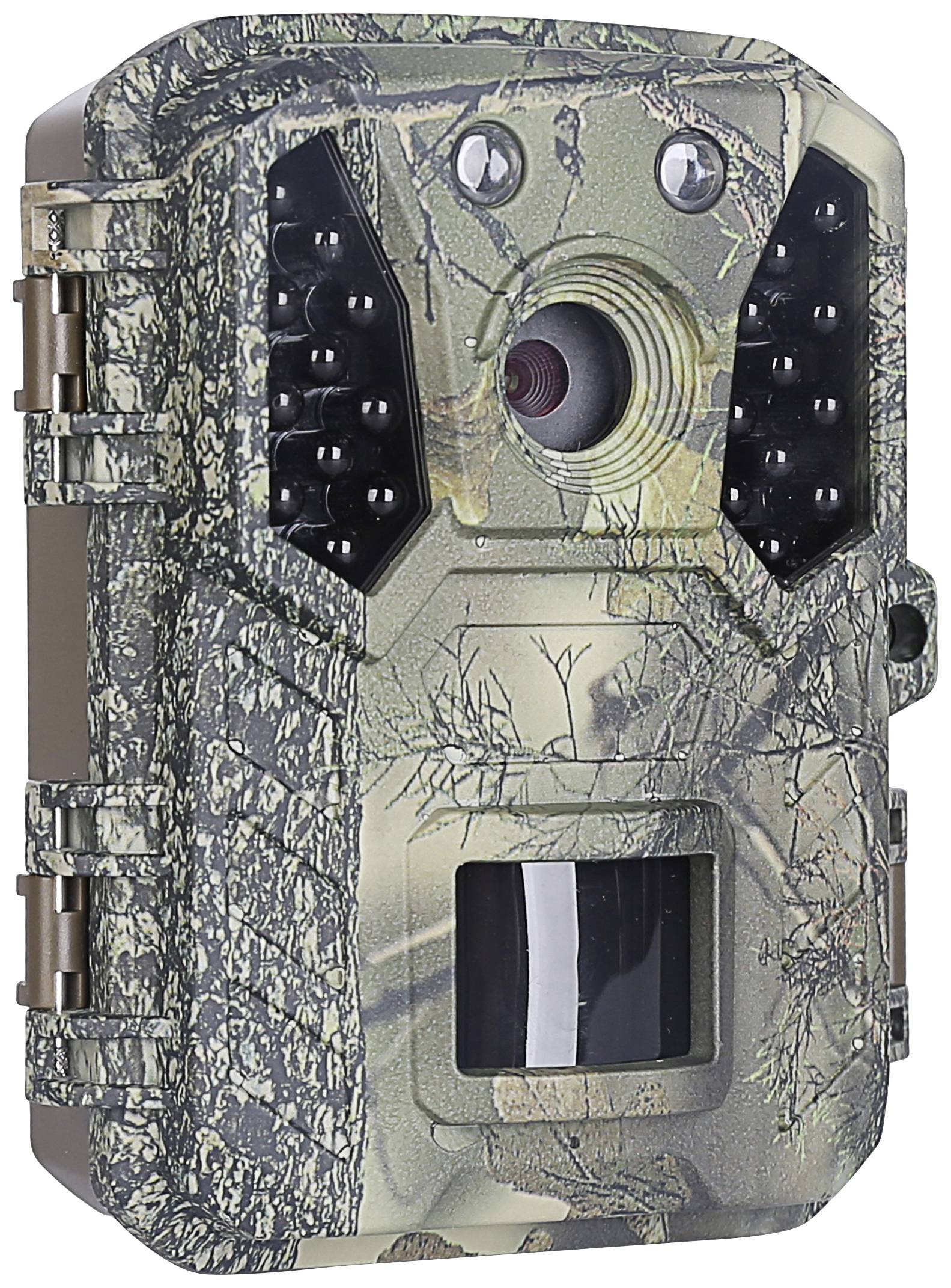 Een camouflagekleurige wildcamera met infraroodverlichting en bewegingssensor, geschikt voor het observeren van dierenbewegingen in de buitenlucht.