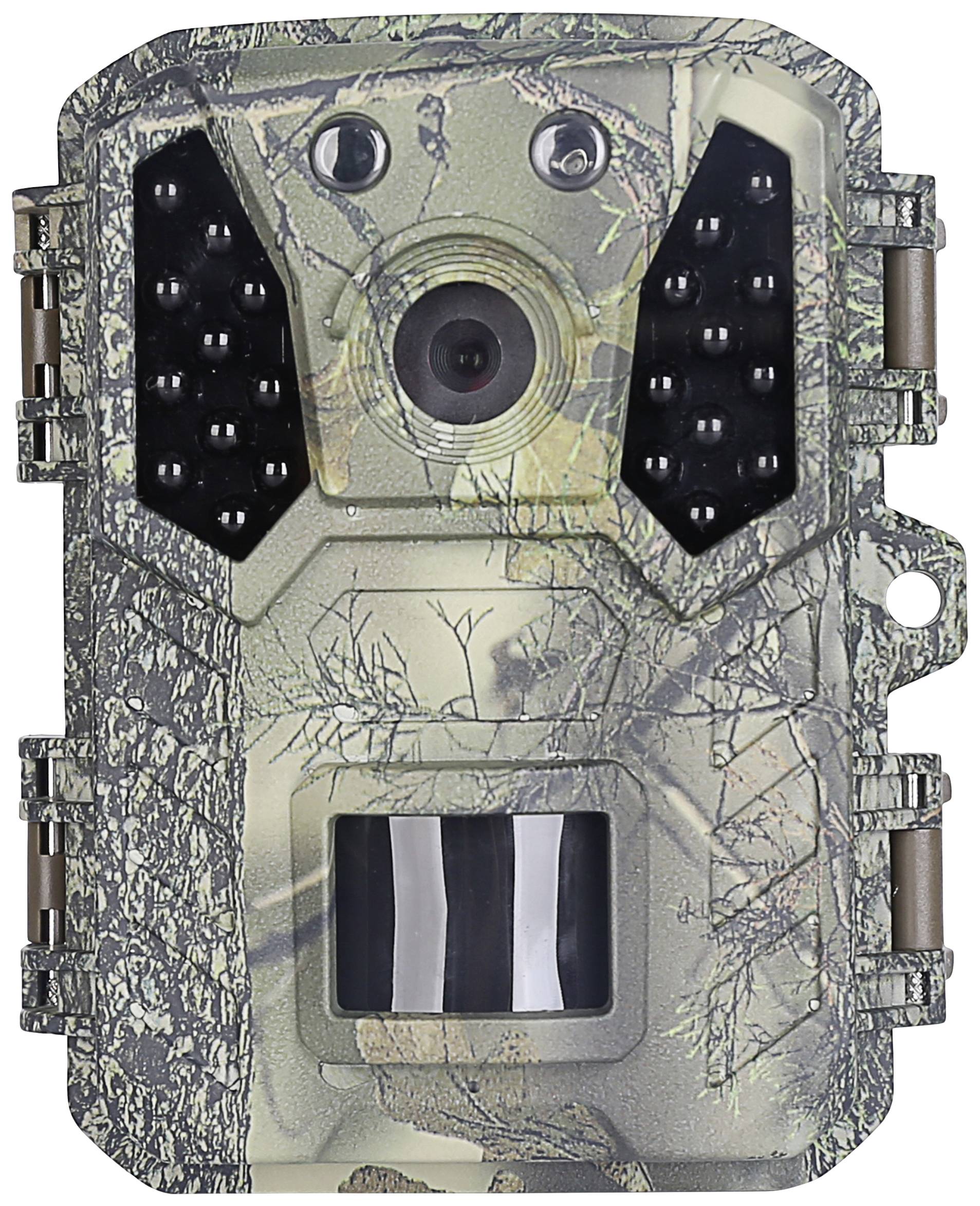 Wildcamera in camouflagekleur met infrarood-sensoren en lens. Ontworpen voor dierobservatie en bewaking in natuurlijke omgevingen.