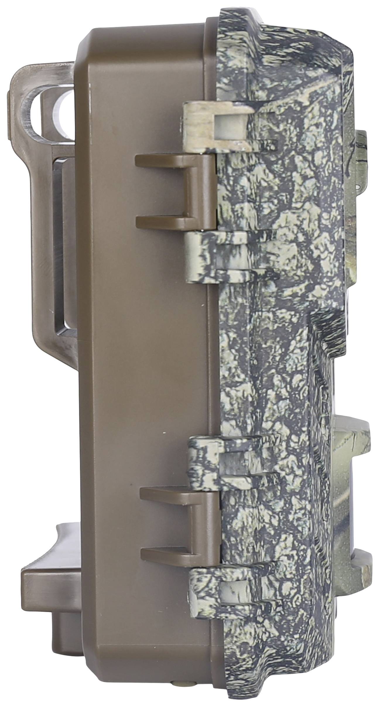 Wildcamera met gecamoufleerde oppervlakte in bruinige tinten. Zijaanzicht toont robuuste constructie en bevestigingsmogelijkheden.