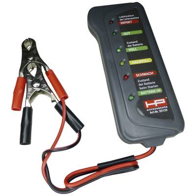 Batterijtester met aangesloten klemmen toont laadstatus aan. Led's voor 'Defect', 'Goed', 'Vol', 'Halfvol', 'Zwak' en 'Batterij OK'.