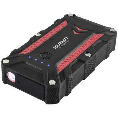 Robuuste, zwarte en rode draagbare powerbank met meerdere blauwe LED-indicatoren en een zaklamp aan de zijkant.