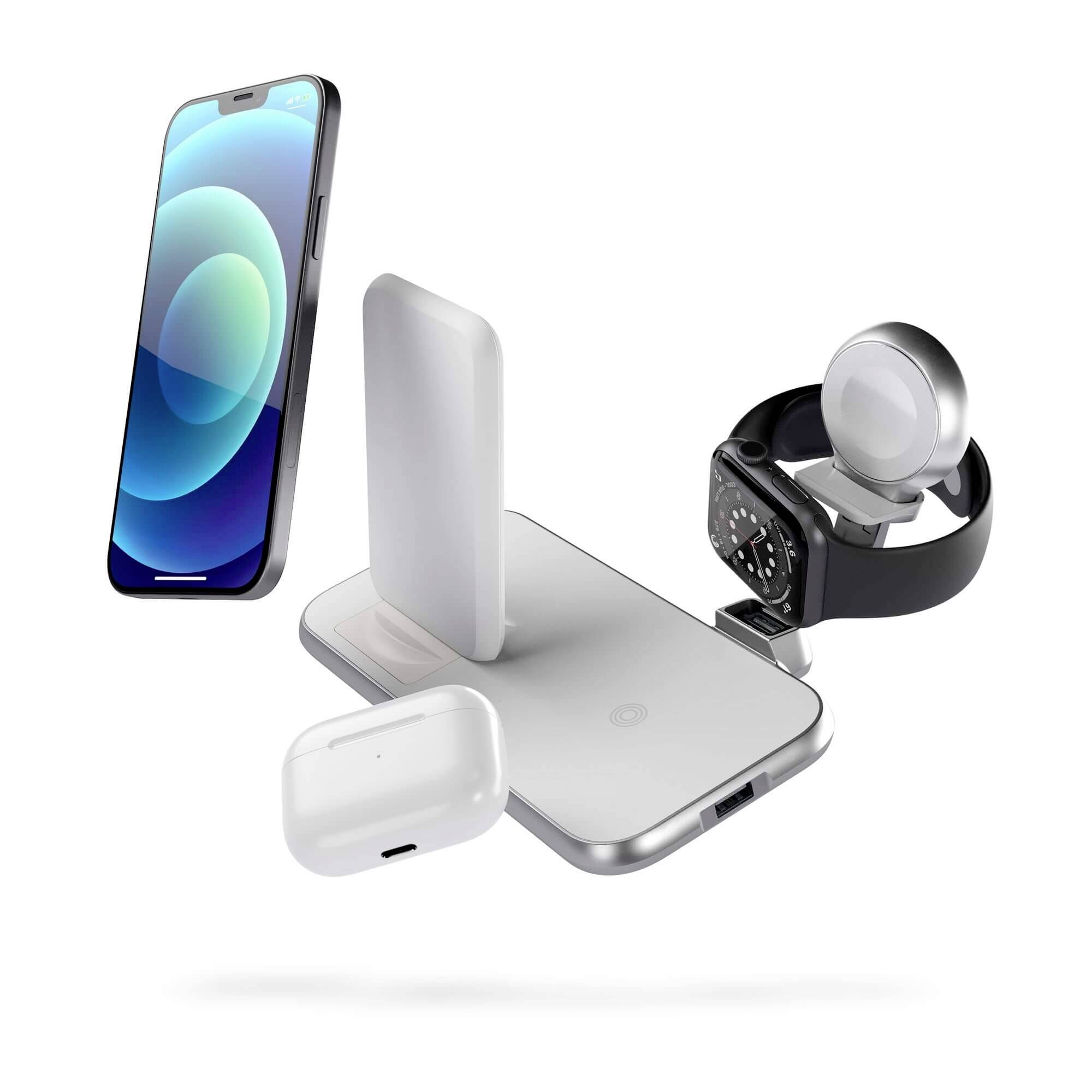 Oplader met vier laadzones, inclusief iPhone, Apple Watch, AirPods en Qi-oplader. Alle apparaten zweven in de lucht.
