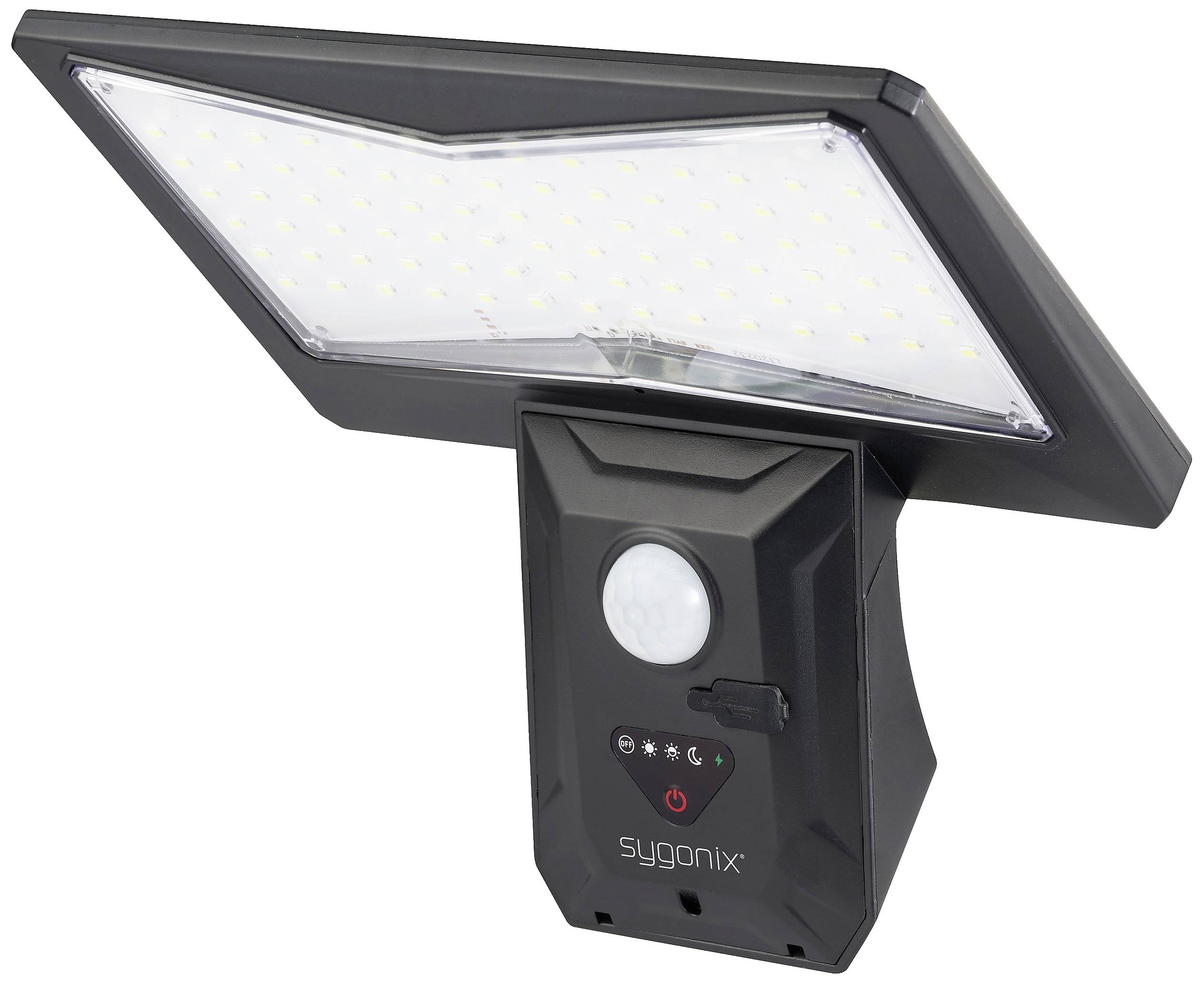 Een zwarte LED-veiligheidsverlichting met bewegingssensor en geïntegreerde besturing. Merknaam 'Sygonix' op de voorzijde.