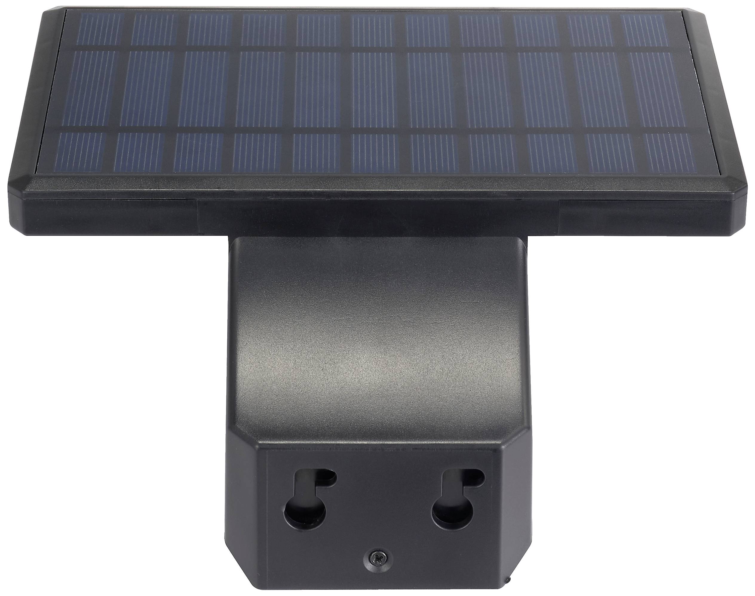 Een zwarte solarverlichting met een rechthoekig zonnepaneel en twee aansluitpunten aan de onderzijde, geschikt voor buitentoepassingen.