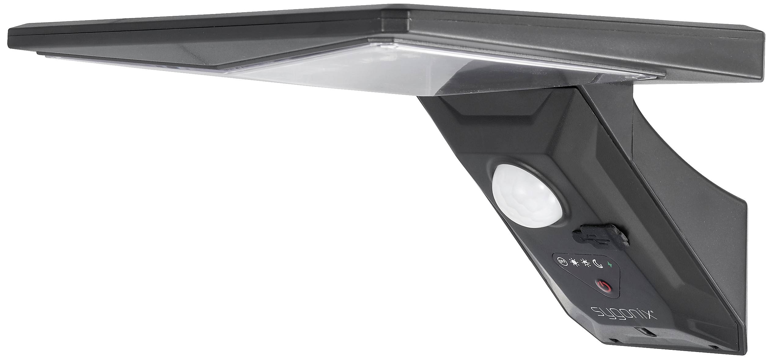 Grijze, zonne-energetische LED-wandlamp met bewegingssensor en vierkante behuizing. Geschikt voor buitenverlichting.