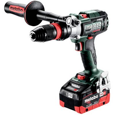 Draadloze Metabo powerboormachine met zijhandvat en batterijpak op witte achtergrond.