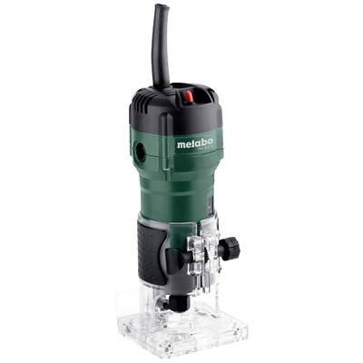 Groene Metabo bovenfreesmachine met zwarte handgreep; ideaal voor precisiefreeswerk op hout, voorzien van transparante voet.