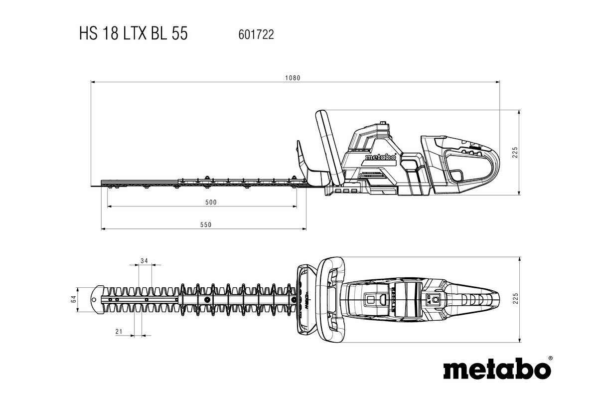 'Metabo HS 18 LTX BL 55'-heggenschaar, technische tekening. Toont afmetingen: Totale lengte 1010 mm, snijlengte 550 mm, hoogte 190 mm.
