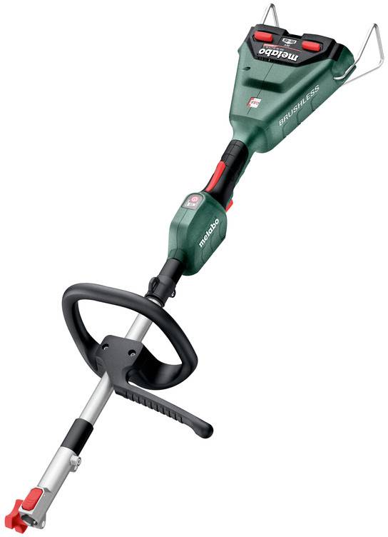 Batterij-aangedreven Metabo accuborstelhak/graskantsnijder met lus-handvat en schouderriem haak, afgebeeld op een witte achtergrond.