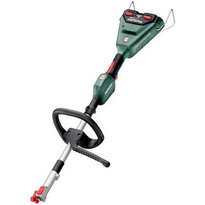 Batterij-aangedreven Metabo accuborstelhak/graskantsnijder met lus-handvat en schouderriem haak, afgebeeld op een witte achtergrond.