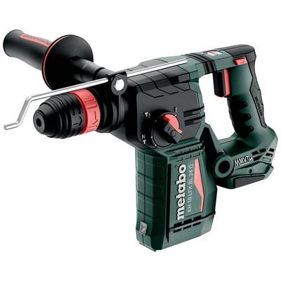 Elektrische boorhamer in groen-zwart met rode bedieningsring, zijhandgreep en het 'metabo' merk op de behuizing.