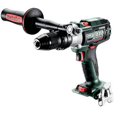 Draadloze Metabo boormachine met zijgreep en hulpgreep, geïsoleerd op een witte achtergrond.