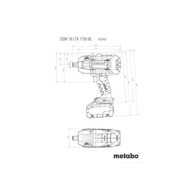 Ontploffingstekening van een accu-slagschroevendraaier, model 'SSW 18 LTX 1750 BL'. Toont afmetingen en details van de gereedschapsvorm. Merk: Metabo.