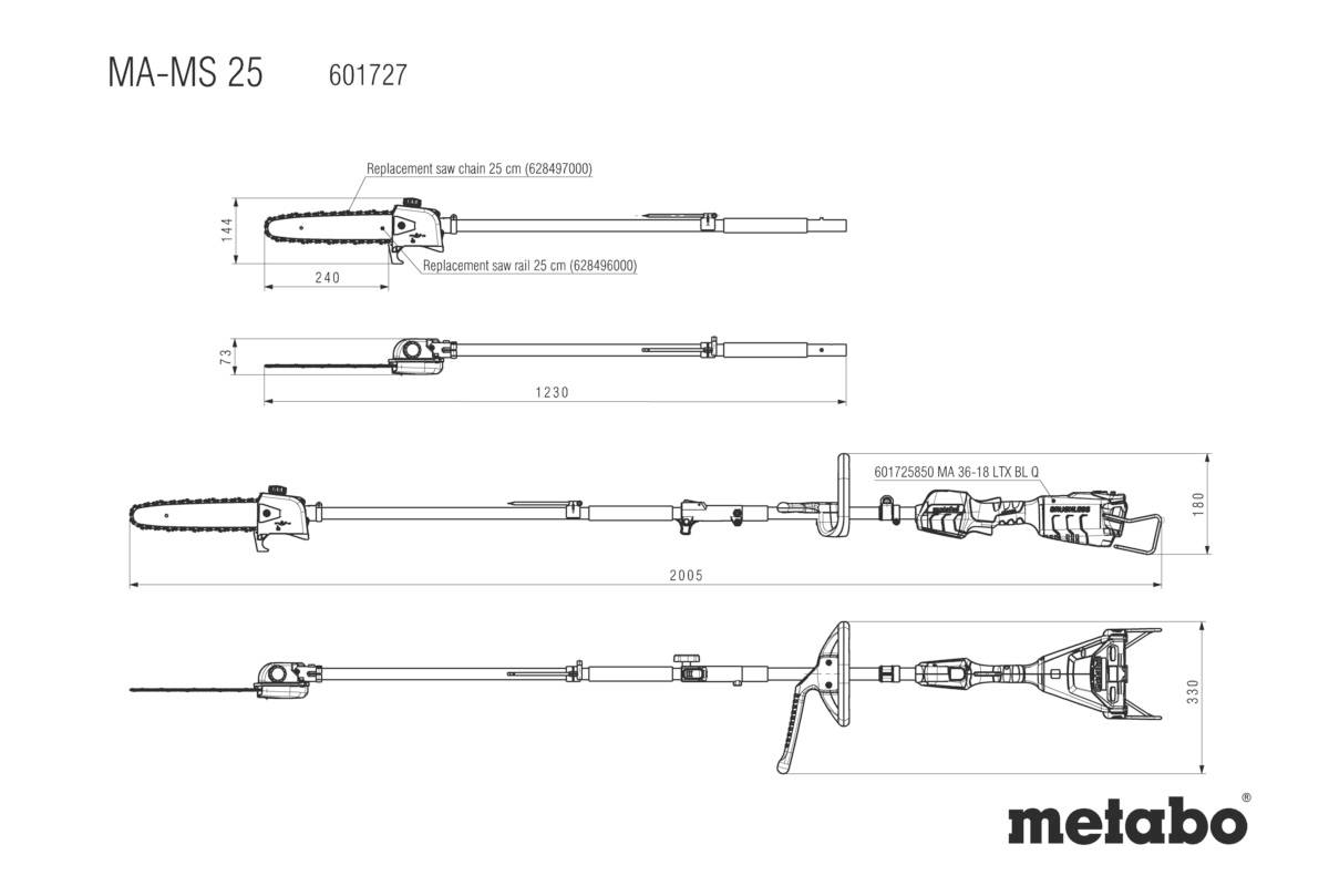'Gedetailleerde technische tekening van een telescoop-kettingzaag MA-MS 25 met lengteaanduidingen in millimeters en Metabo-logo.'