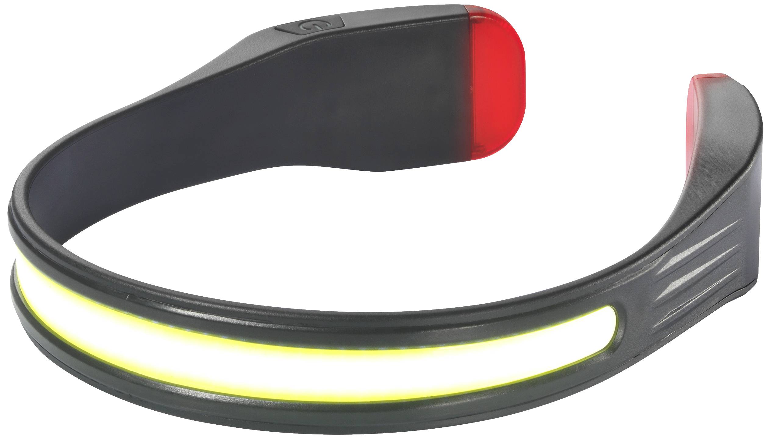 Een zwarte hoofdband met een oplichtende witte streep aan de voorkant en een rood element aan de achterkant, geschikt voor sporten in het donker.