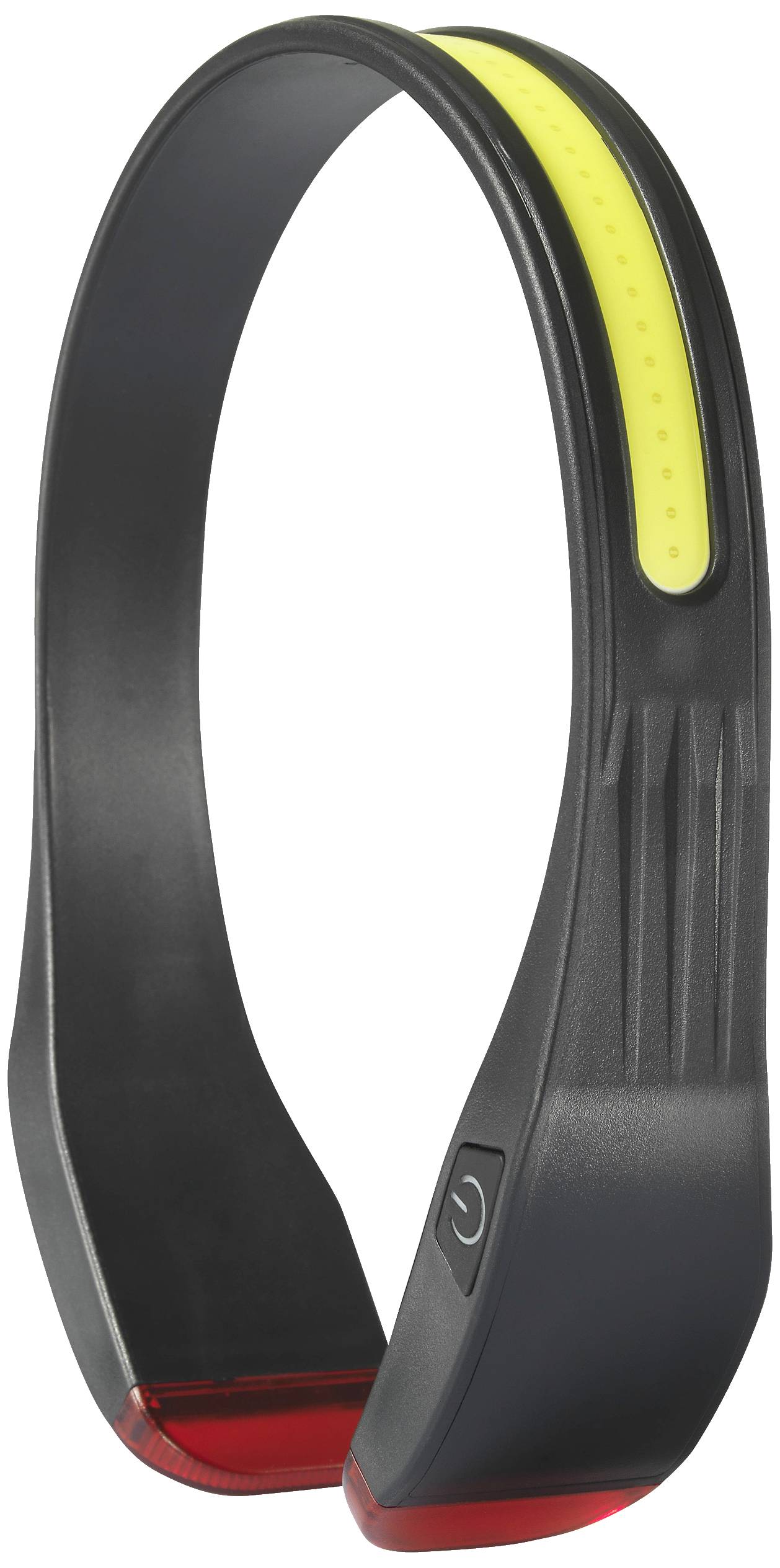 Zwart hoofdband met geïntegreerde gele LED-lamp en rood achterlicht, geschikt voor sportieve activiteiten in het donker.
