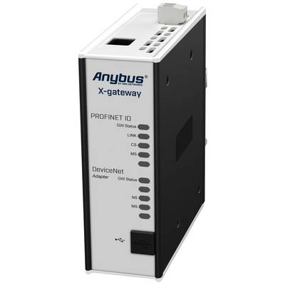 Een 'Anybus X-gateway' voor het verbinden van Profinet IO- en DeviceNet-netwerken, met statusaanduidingen voor GW, LINK, CS, MS, NS en MS.